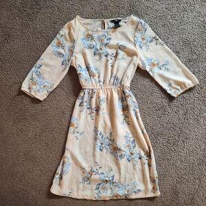 H&M Cream Midi Dress with Blue Floral Pattern